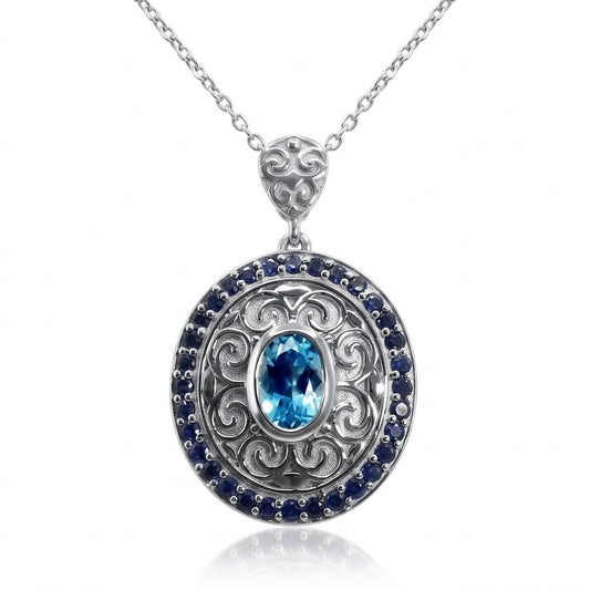 Swiss blue Topaz, Sapphires 925 Silver Pendant •Oval blue Pendant with scroll work •Filigree Silver Pendant