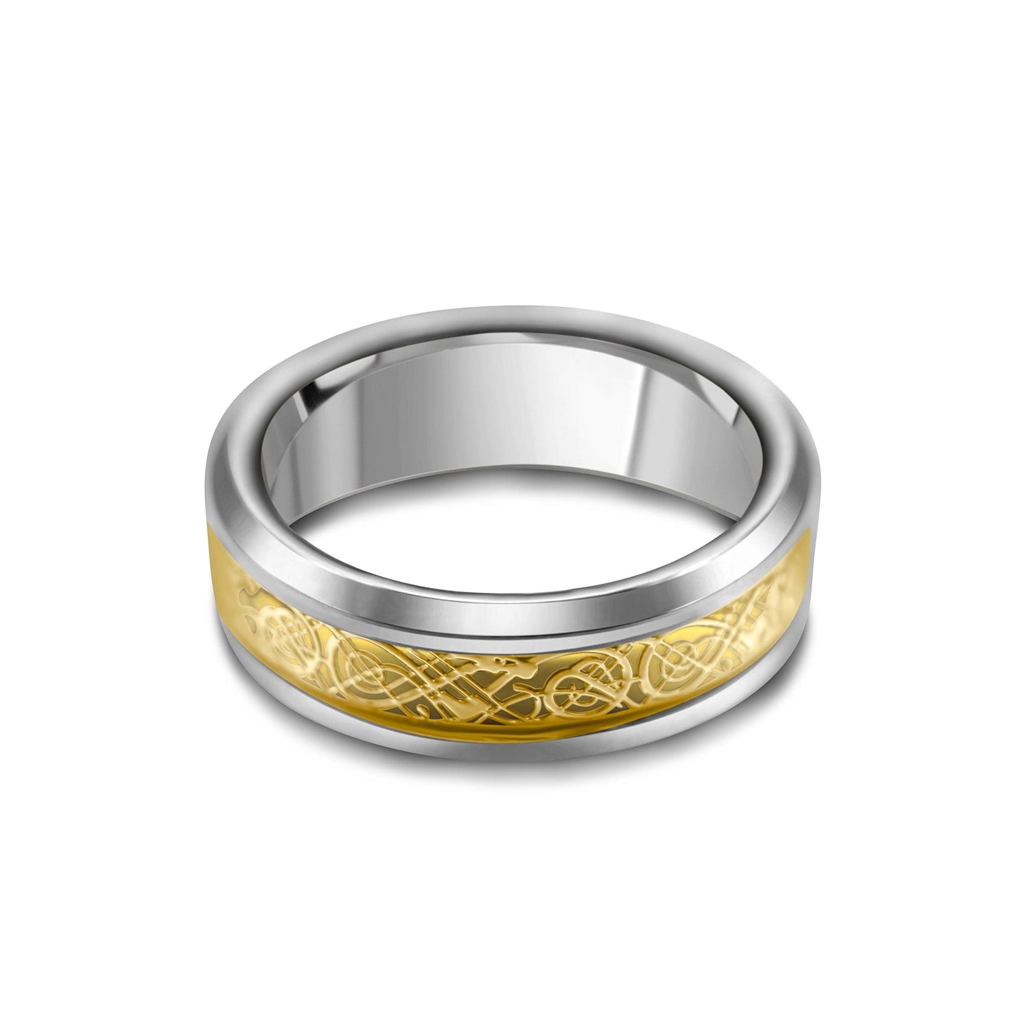 Tungsten 2 Tone Gold Scroll Ring •8mm Ring Band •Dragon pattern •Good Luck Ring •Every Day Ring