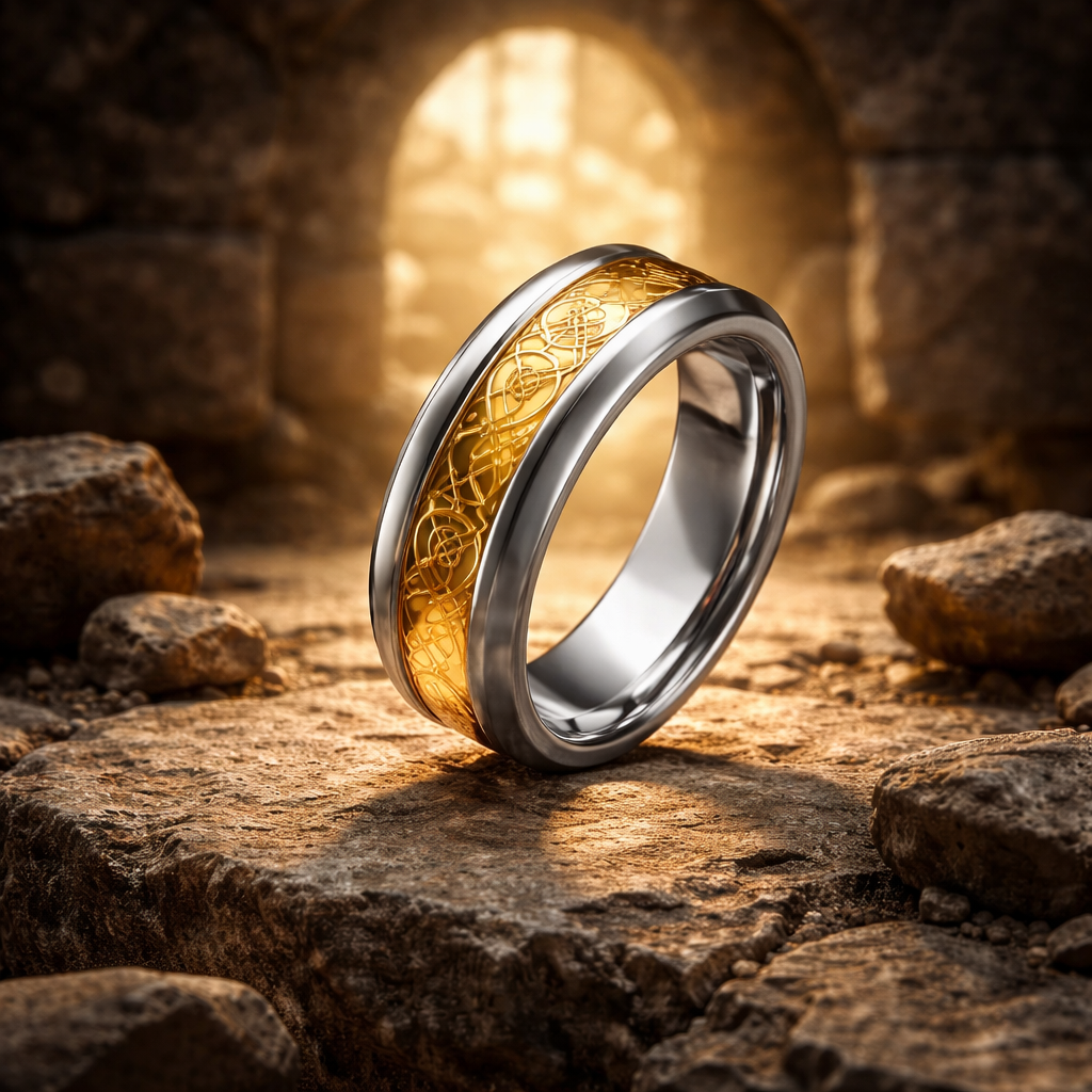 Tungsten 2 Tone Gold Scroll Ring •8mm Ring Band •Dragon pattern •Good Luck Ring •Every Day Ring AOJ - Alain Orbiz Jewelry