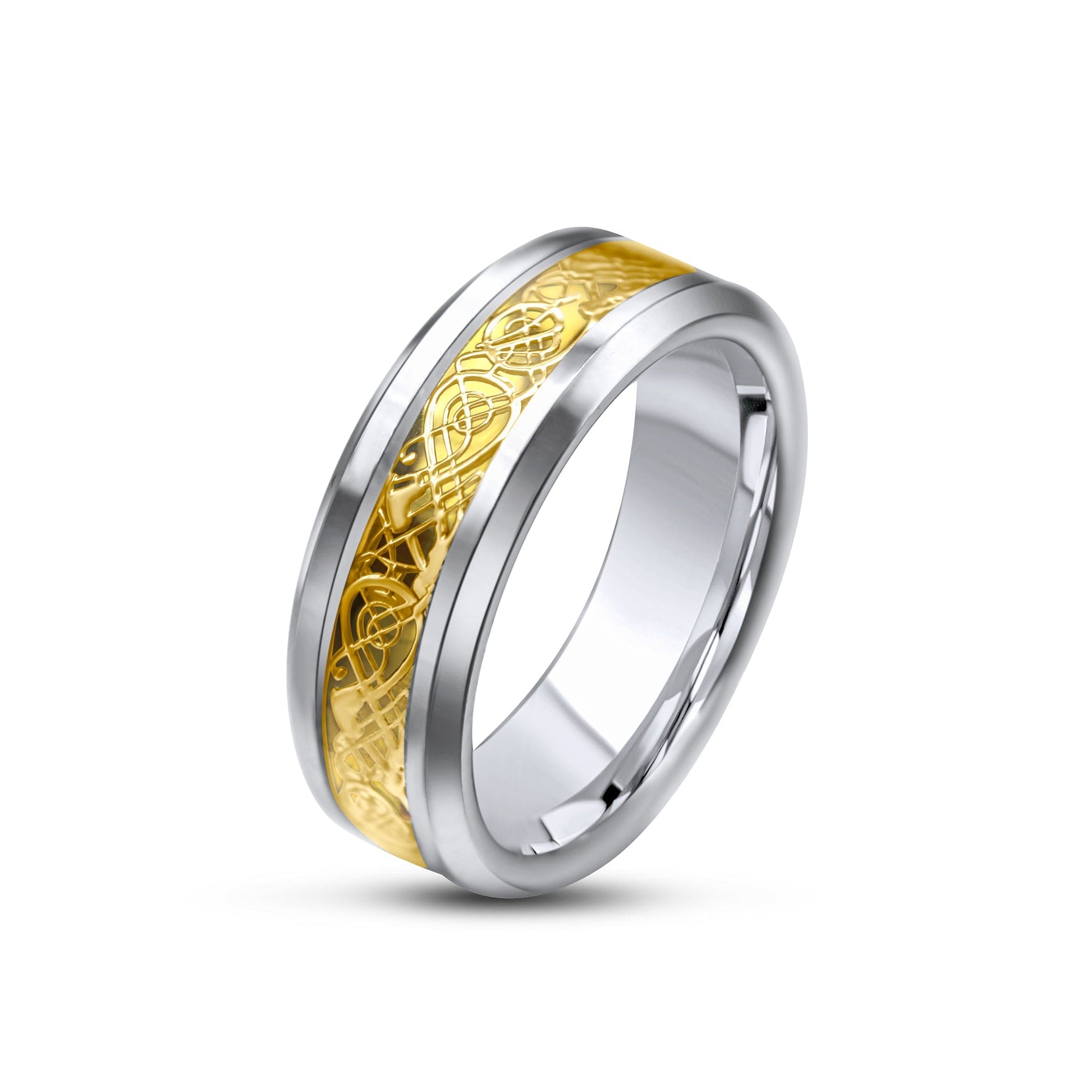 Tungsten 2 Tone Gold Scroll Ring •8mm Ring Band •Dragon pattern •Good Luck Ring •Every Day Ring