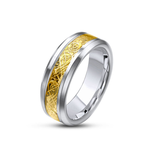 Tungsten 2 Tone Gold Scroll Ring •8mm Ring Band •Dragon pattern •Good Luck Ring •Every Day Ring