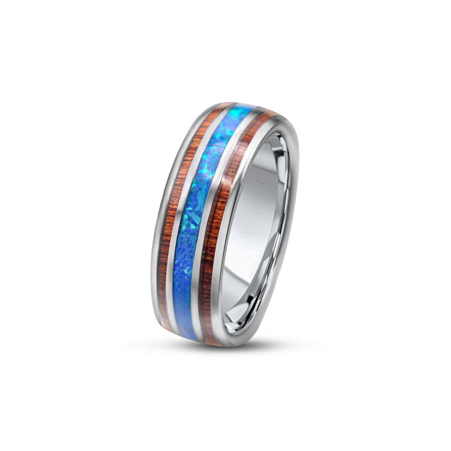 Tungsten Koa Wood and Opal Ring •8.00 mm Ring Band for Men and Woman •Blue Opal Ring •Khoa Wooden Ring