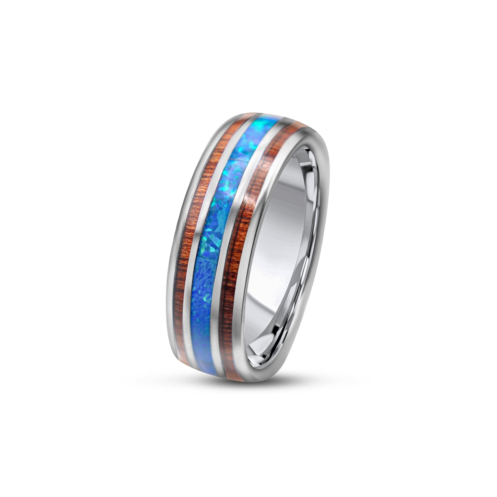 Tungsten Koa Wood and Opal Ring •8.00 mm Ring Band for Men and Woman •Blue Opal Ring •Khoa Wooden Ring