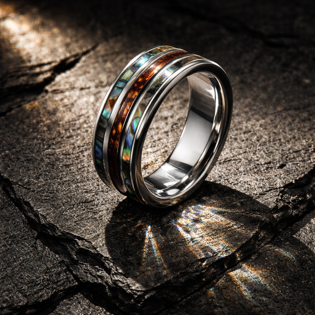 Tungsten Ring with Abalone and Koa Wood •8.00 mm Ring band •Comfortable Ring •Men Wedding Ring AOJ - Alain Orbiz Jewelry