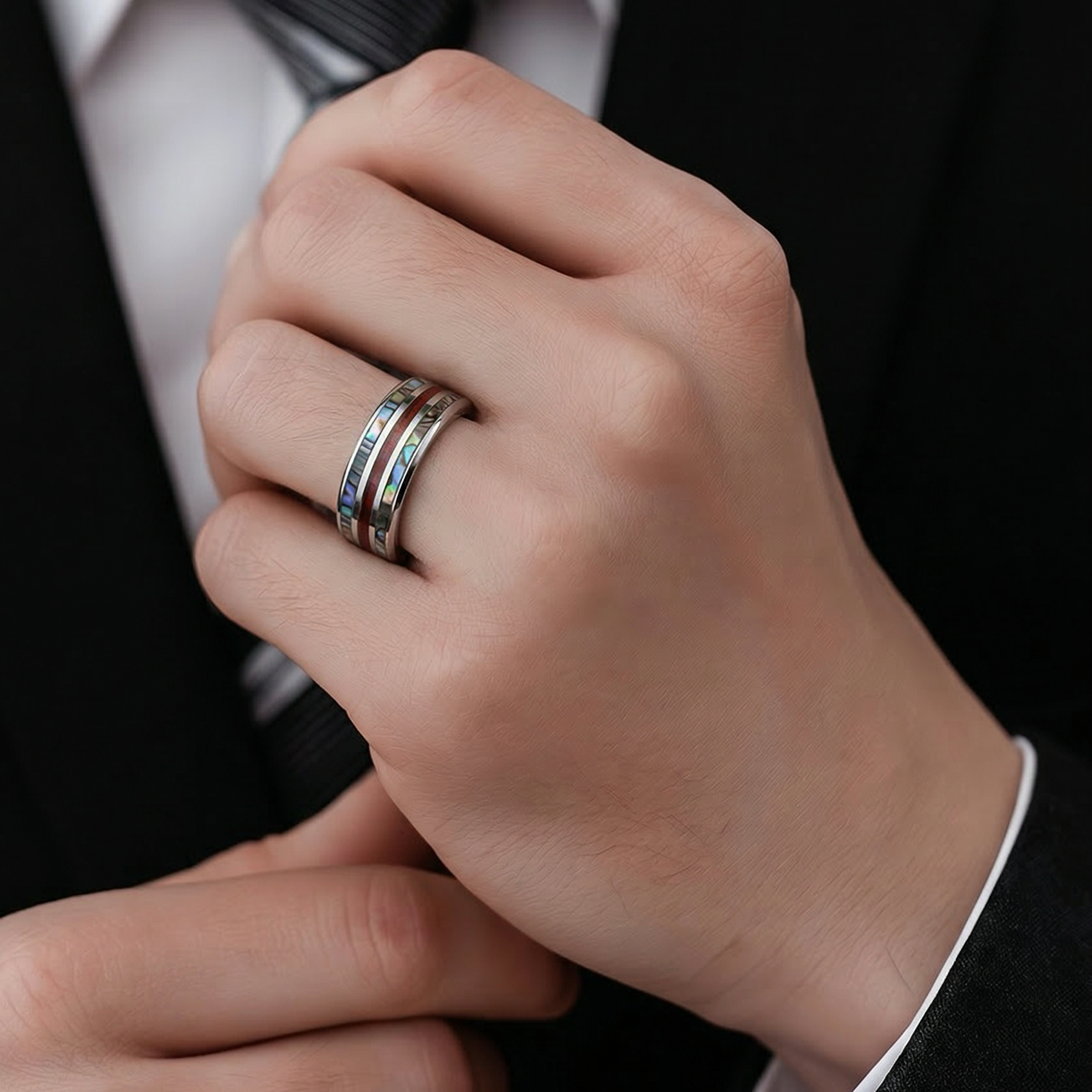 Tungsten Ring with Abalone and Koa Wood •8.00 mm Ring band •Comfortable Ring •Men Wedding Ring AOJ - Alain Orbiz Jewelry