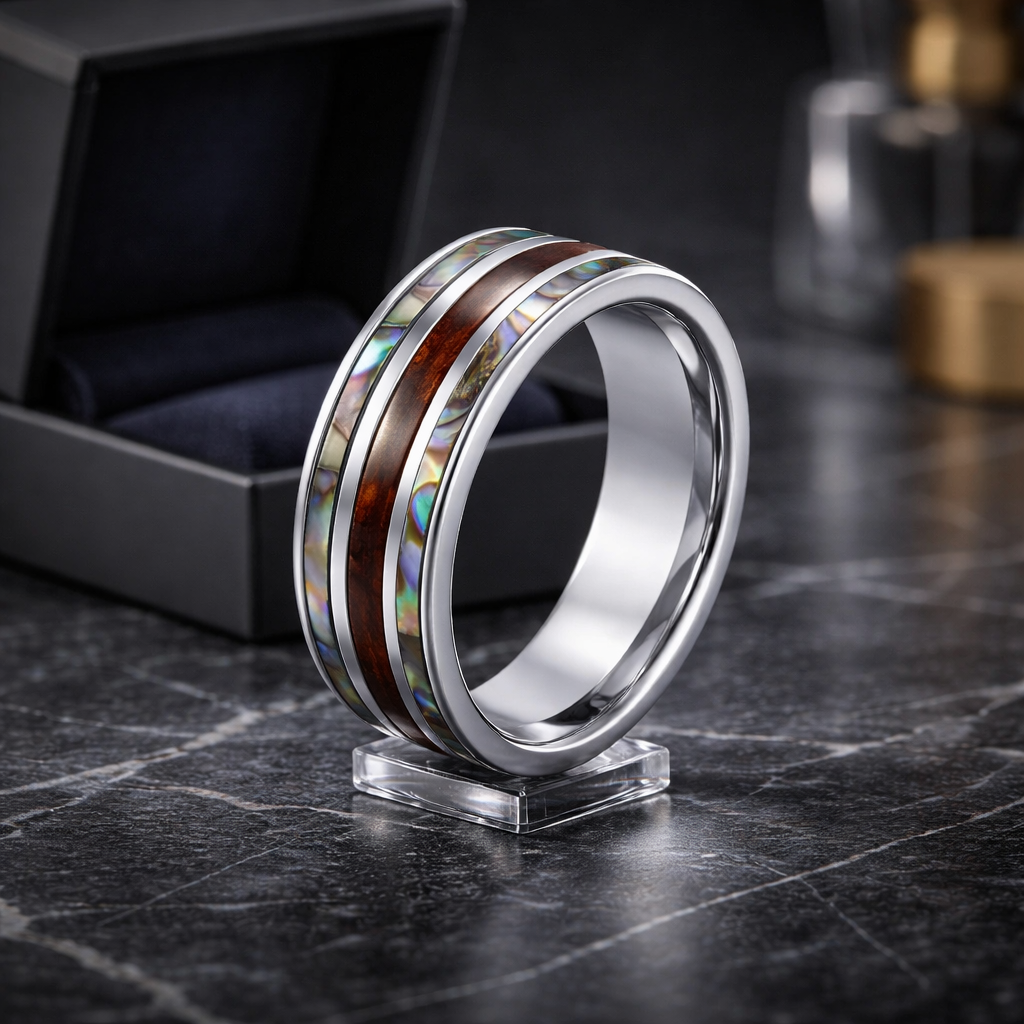 Tungsten Ring with Abalone and Koa Wood •8.00 mm Ring band •Comfortable Ring •Men Wedding Ring AOJ - Alain Orbiz Jewelry
