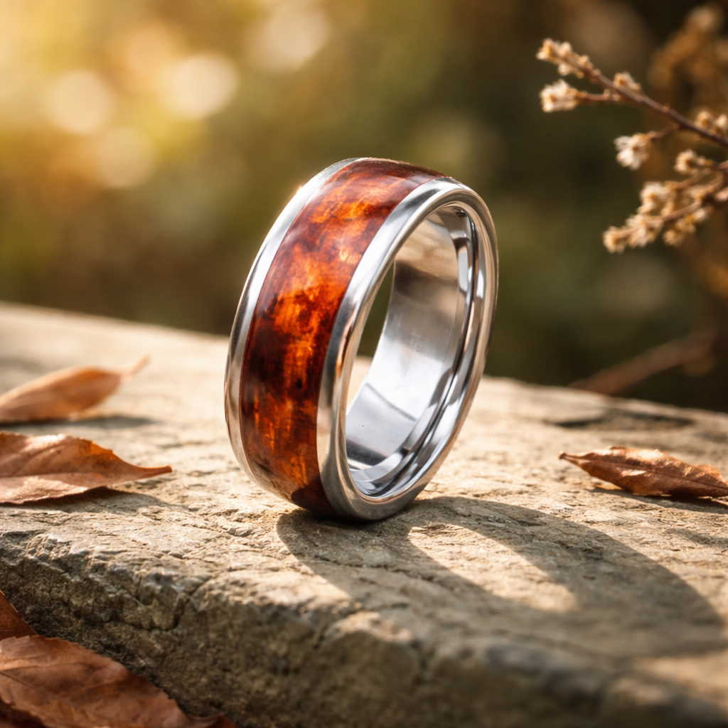Tungsten Ring with Hawaiian Koa Wood •8.00 mm Ring band •Comfort Ring •Gentlemen Ring •Unique and Affordable AOJ - Alain Orbiz Jewelry