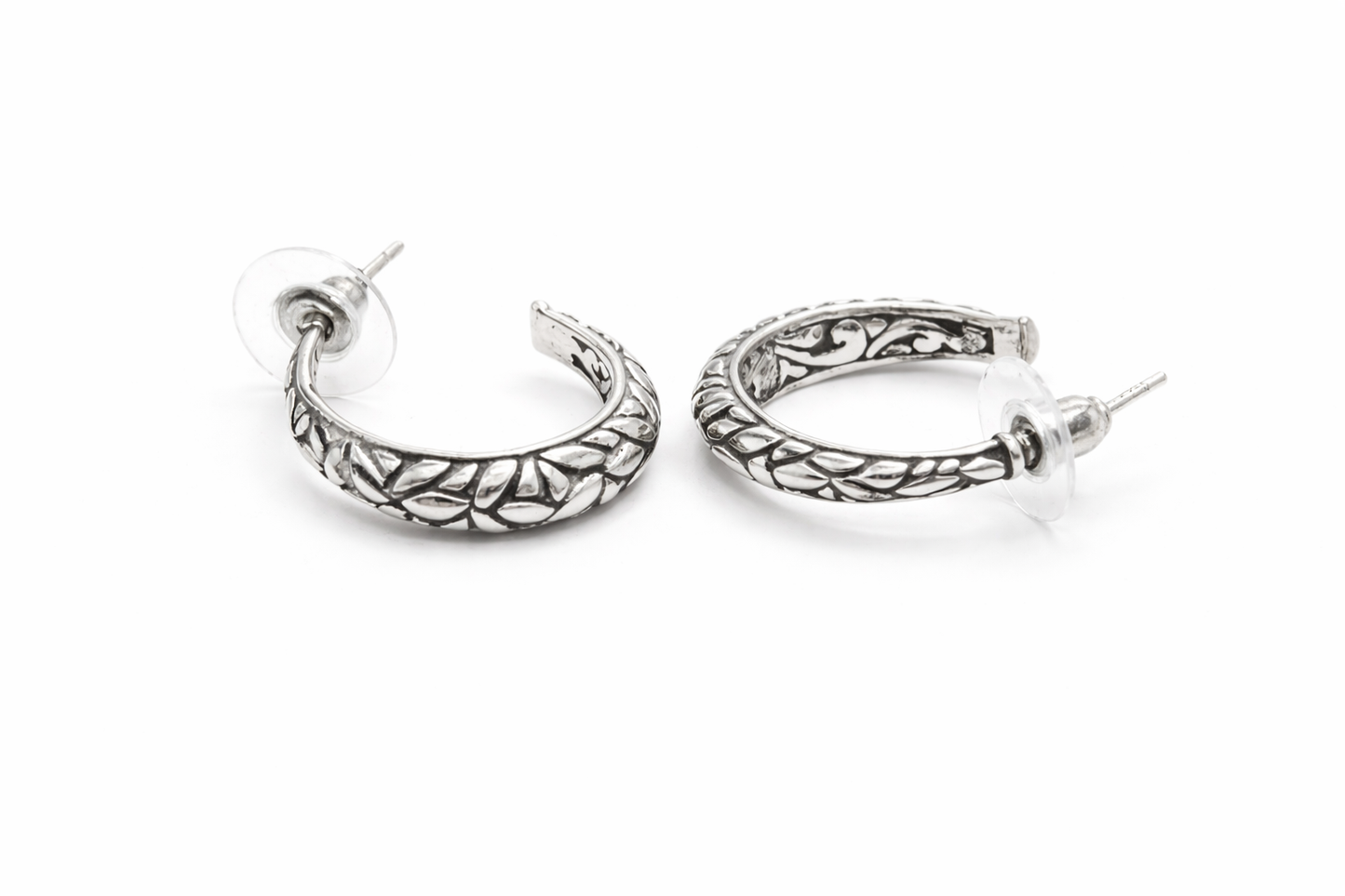 Bali Leaf Pattern Hoop Earrings in Sterling Silver 925 • Elegant Handcrafted Design • for her Alain Orbiz Jewelry