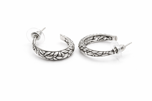 Bali Leaf Pattern Hoop Earrings in Sterling Silver 925 • Elegant Handcrafted Design • for her Alain Orbiz Jewelry