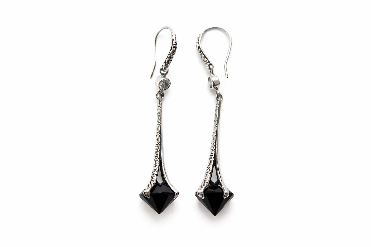 Black Onyx and CZ Sterling Silver 925 Drop Earrings • Elegant Elongated Geometric Statement Jewelry Alain Orbiz Jewelry