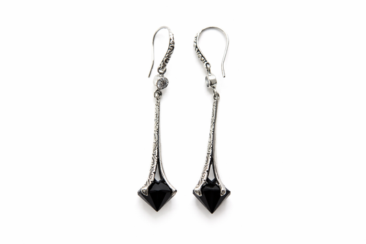 Black Onyx and CZ Sterling Silver 925 Drop Earrings • Elegant Elongated Geometric Statement Jewelry Alain Orbiz Jewelry