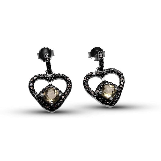 Black Heart 925 Silver Earrings •Quartz, Diamond Earring Dangle •Whimsical Dangle Earrings •Dress up or down