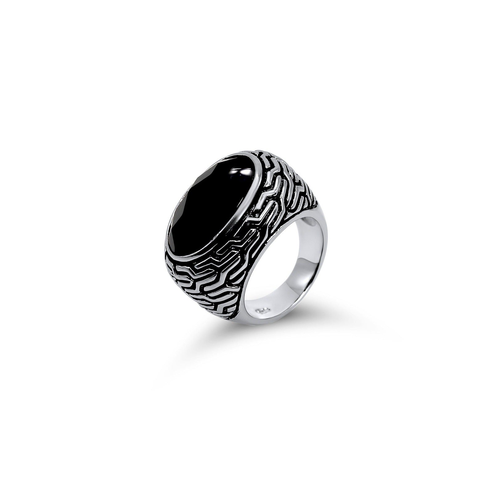 Black Onyx 925 Silver Ring •Chunky Ring with long Onyx Gemstone •Scroll work pattern •Vintage Look Silver Ring •Everyday Gift