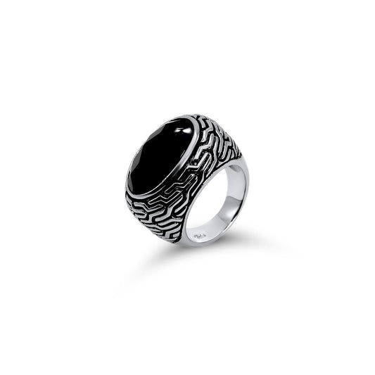 Black Onyx 925 Silver Ring •Chunky Ring with long Onyx Gemstone •Scroll work pattern •Vintage Look Silver Ring •Everyday Gift