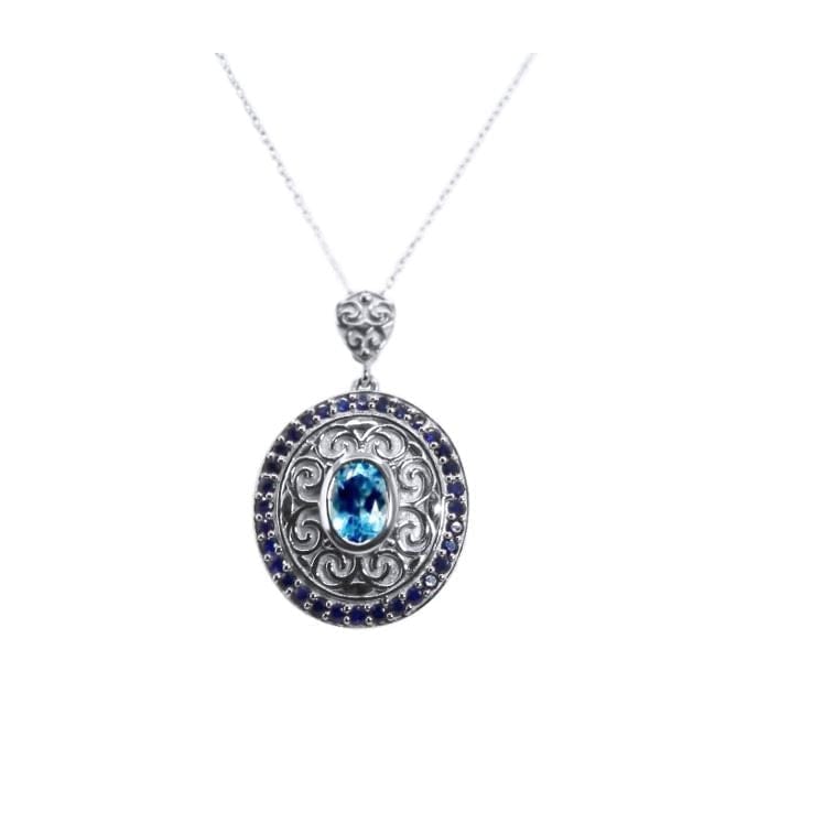 Swiss blue Topaz, Sapphires 925 Silver Pendant •Oval blue Pendant with scroll work •Filigree Silver Pendant-Alain Orbiz Jewelry