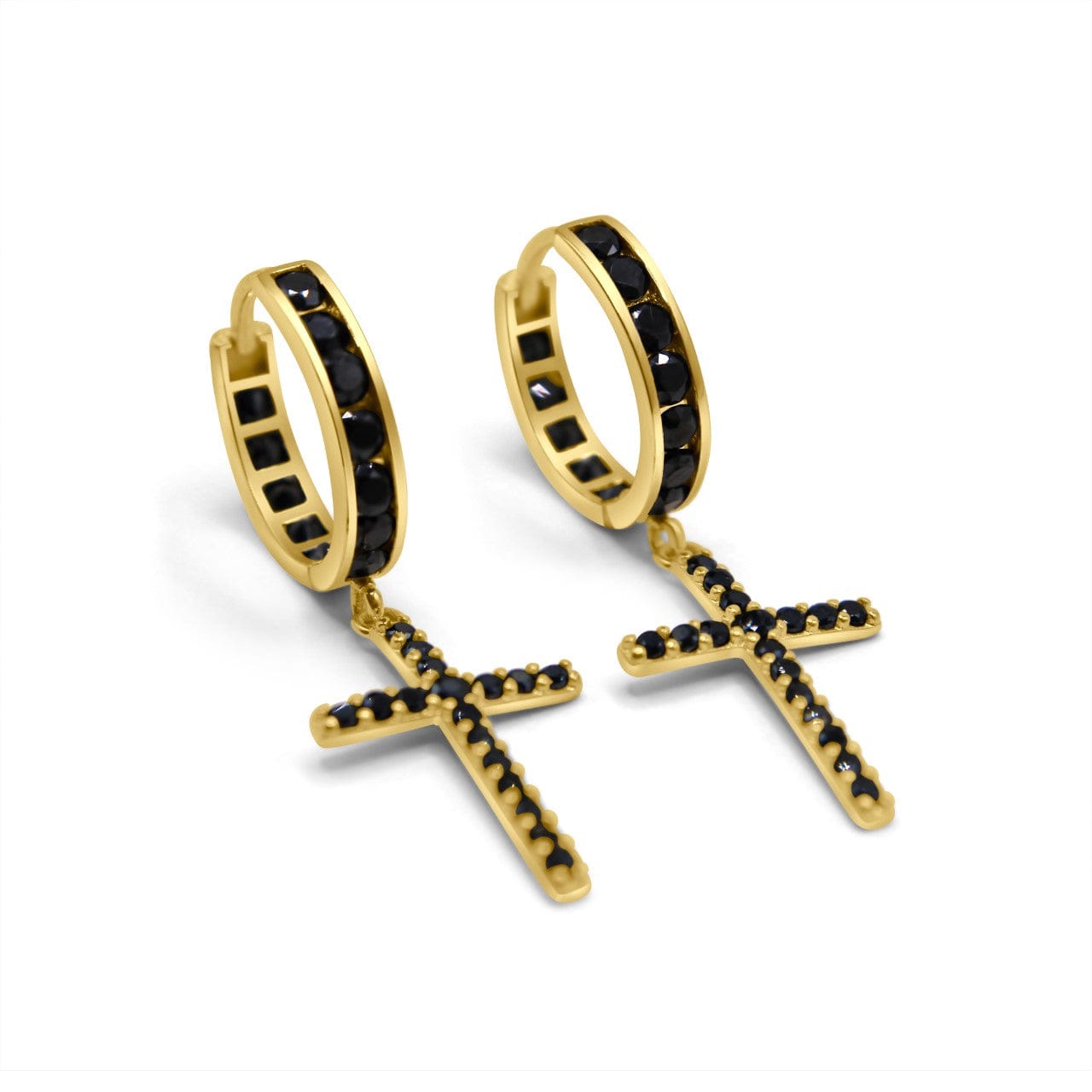 Huggie Earrings with Cross 14K Gold with black Cubic Zirconia •Huggie and Dangle Earrings •Gift for him or her