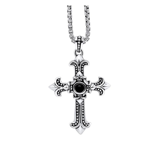 Silver 925 Cross Pendant with Centerstone black Pearl •24 inches Necklace •Bold Look •Removable Pendant •Unisex